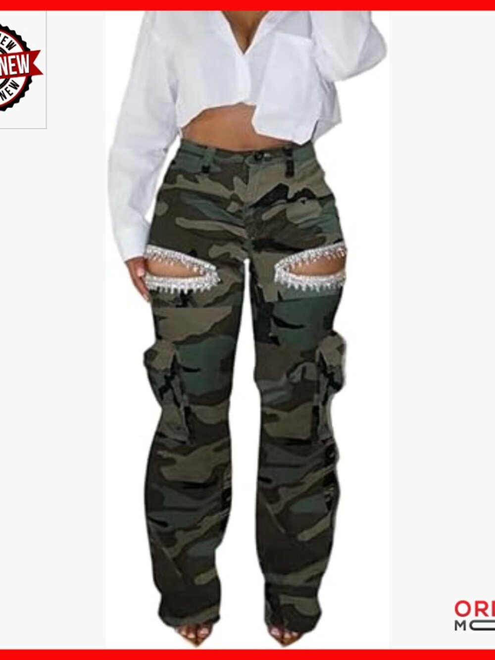 High Waisted Rhinestone Cargo Jeans Stretchy Denim Pants Ripped Distressed